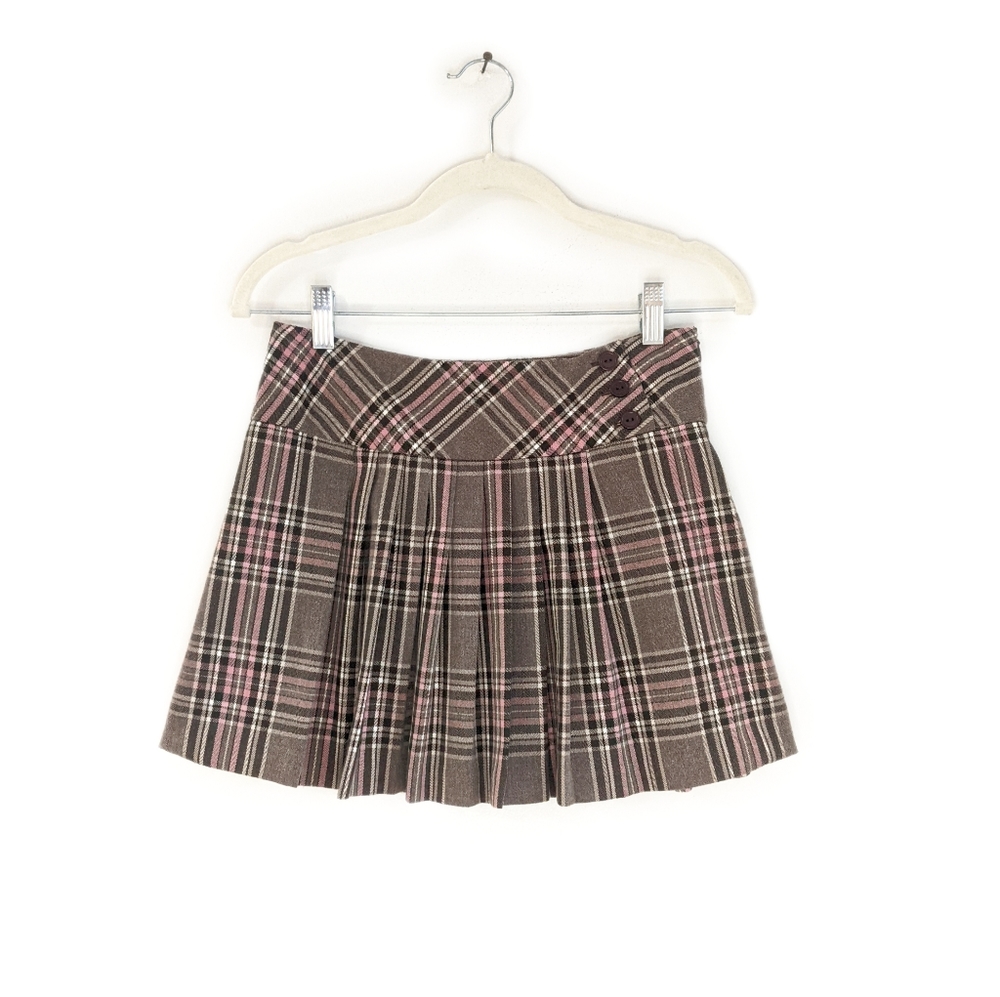 Vintage 2000s Brown/Pink Plaid Pleated Barbiecore Mini Skirt